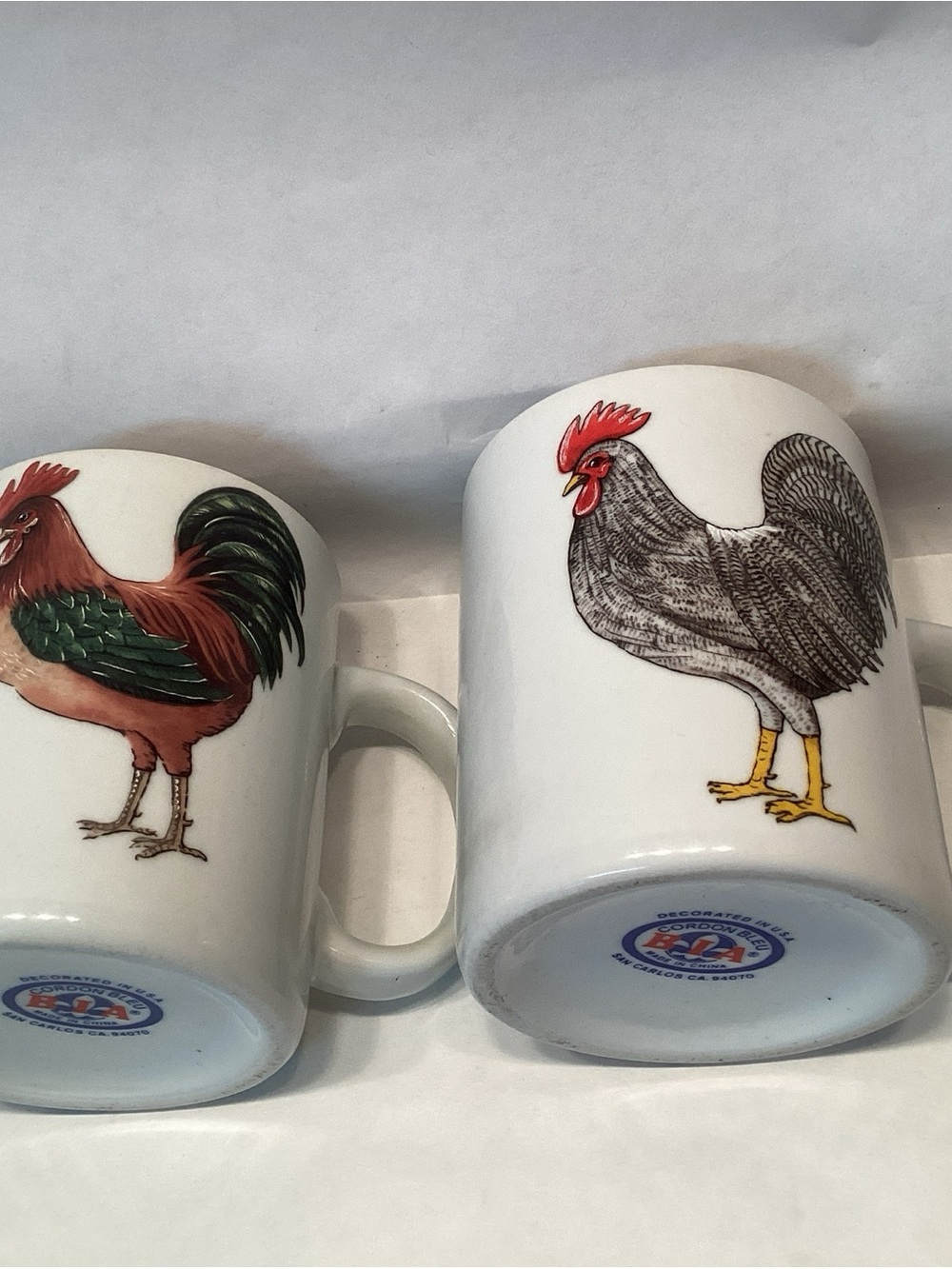 BIA Cordon Bleu Multicolor Rooster Mugs Vintage Ceramic Set of 2 Farmhouse Decor